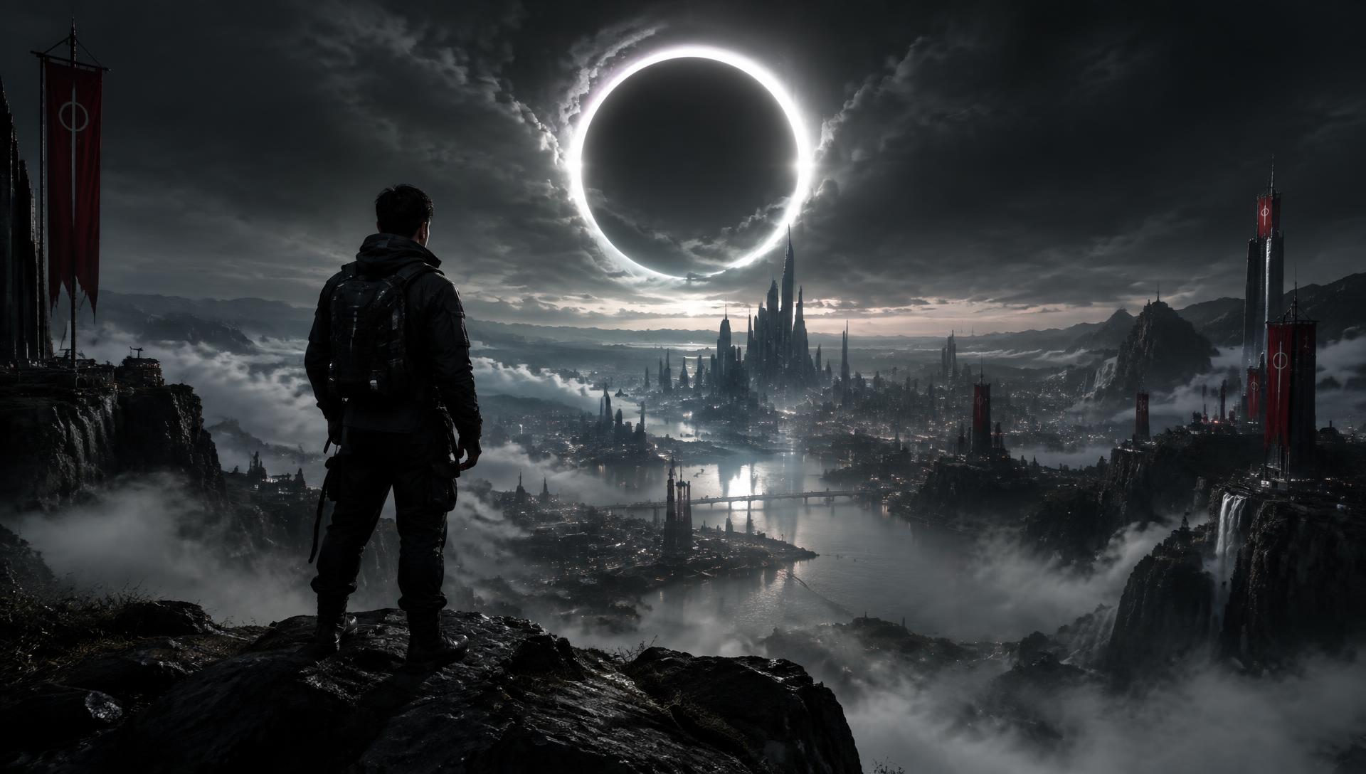 Xander Mora overlooking a foggy city beneath an eclipse